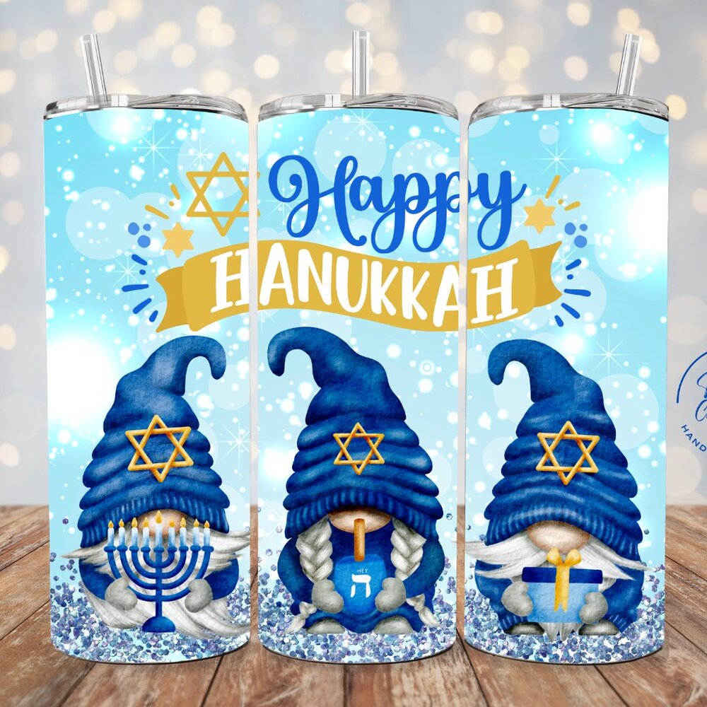 Happy Hanukkah Blue & Gold Tumbler, Gnome Tumbler, Jewish Holiday Gift